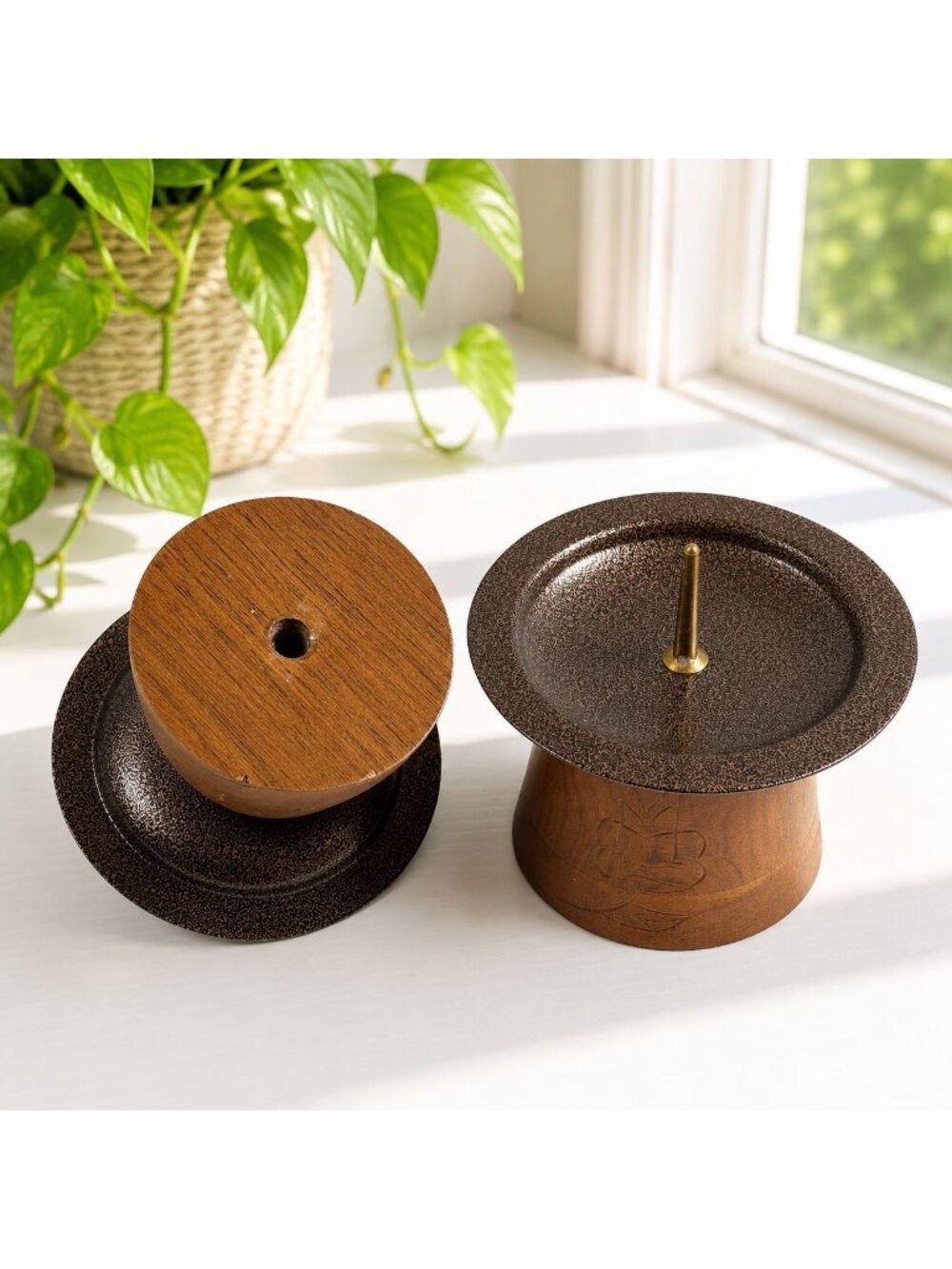 Vintage Wooden & Metal Candle Holders With Floral Carving 4.5" Tall Decorative P
